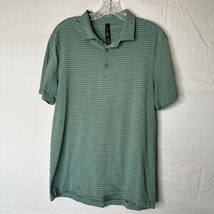 Lululemon Evolution Polo Shirt Mens Medium Green White Micro Stripe Short Sleeve